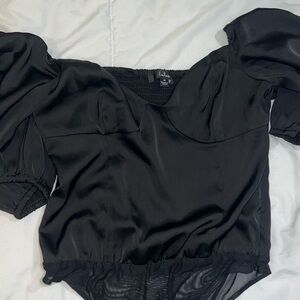 Lulu's Black Satin Puff Sleeve Blouse